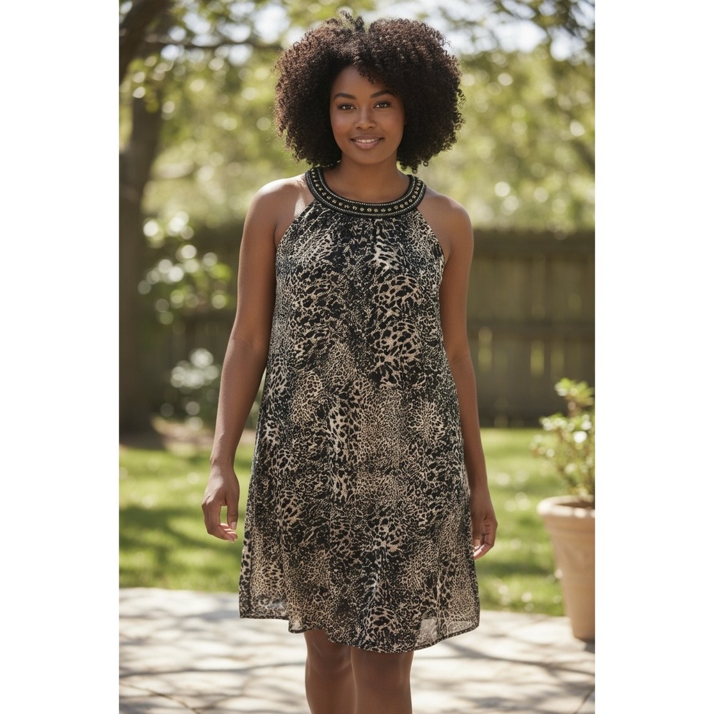Speed Control NY Animal Print Beaded Sequin Neck Sleeveless Dress Plus Size 1X